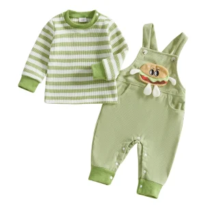 2-Piece Striped Long Sleeve Tops Burger Patch Overall Set